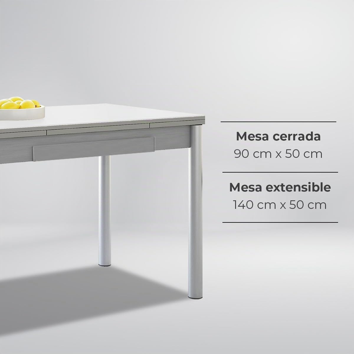 Astimesa - Mesa de Cocina Extensible - Estructura Aluminio - Color Blanco - Ideal para Espacios Pequeños - Medidas: 90 x 50 cm - Extensible: 140 x 50 cm
