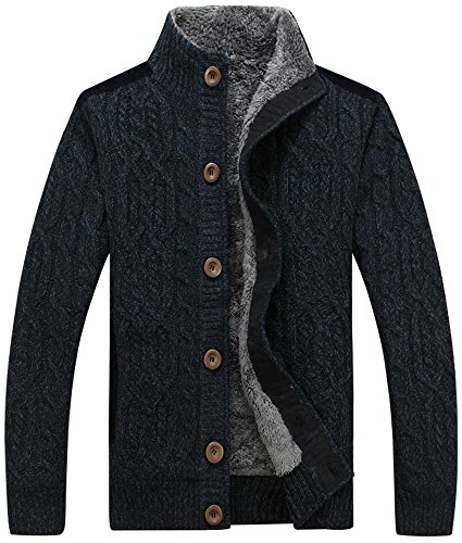 HENGAO Men's Casual Buttons Stand Collar Knitted Splicing Cable Cardigan Sweater, Dark Blue, L/44 =Tag 3XL