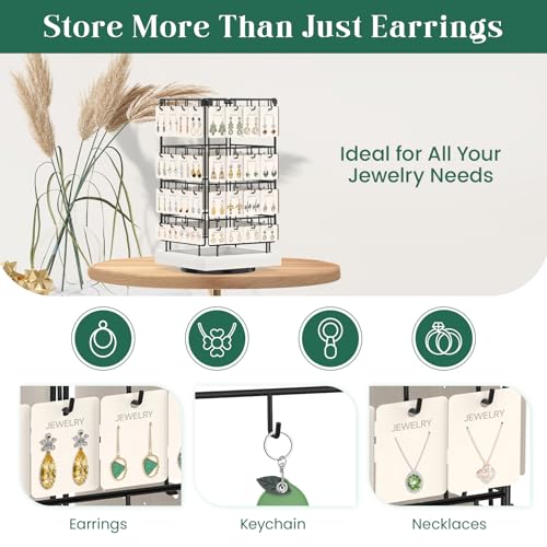 Image of EsLuker.ly Rotating Earring Display Holder Stand for Vendors Events Selling, Large Capacity 64 Hooks Jewelry Rack with Wooden Base for Earring Card Sales, Enhances Retail Display Visibility