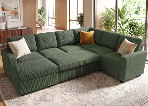 Image of HONBAY Corduroy Sectional Sleeper Sofa with Pull Out Bed, 7 Seaters 106 Inch U Shaped Setional Couch for Living Room, Green