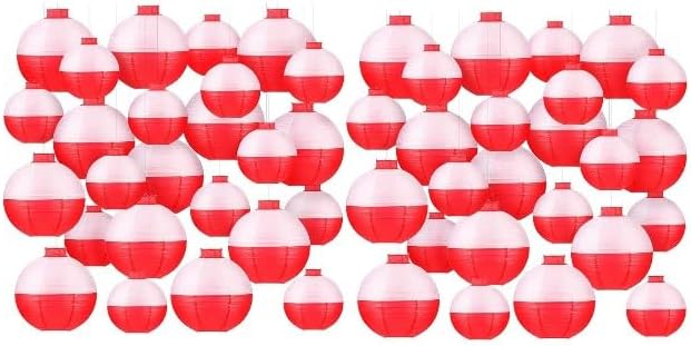 40-Pack 12" & 8" Paper Lanterns - White & Red, Round Lanterns with Wire Ribbing for Party, Wedding, Fishing Theme Decor