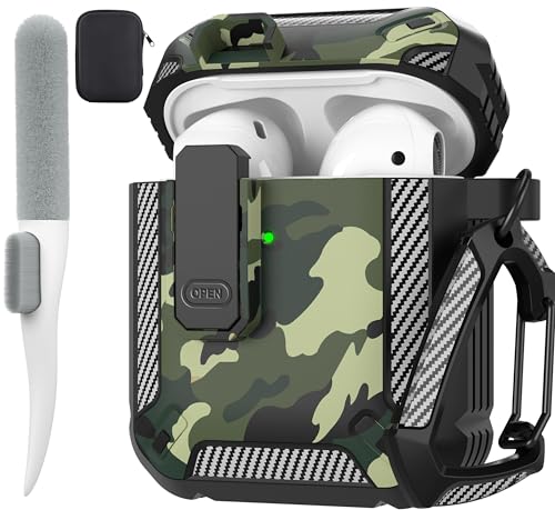 Image of Maxjoy for AirPods 2nd Generation Case Cover, AirPods Case with Lock Gen 2 Hard Shell Rugged Shockproof Protective Cover with Keychain Cleaner Kit Compatible with Apple AirPods2 AirPods1, Green Camo