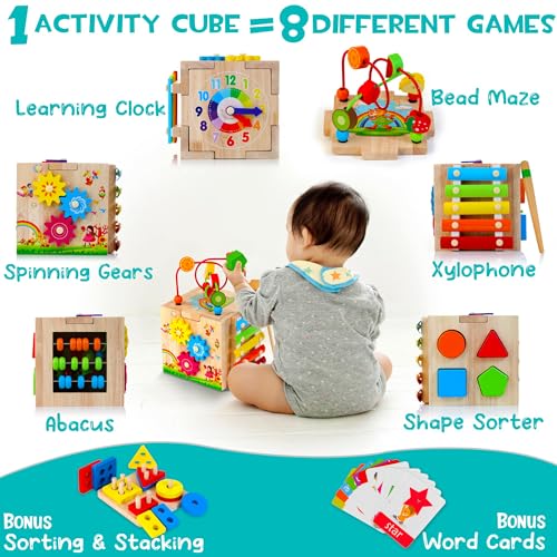 Image of HELLOWOOD Wooden Activity Cube, 8-in-1 Montessori Baby Toys for 1+ Year Old Boys & Girls, Educational Learning Toys for Toddlers Age 1-2, 1st Birthday Gift | Bonus Sorting & Stacking Board
