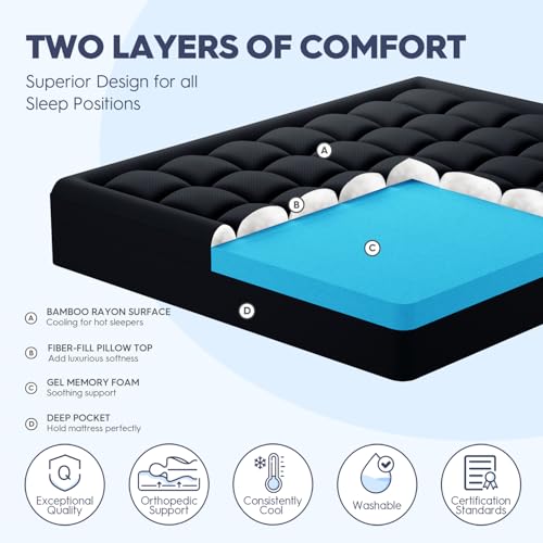 Image of ELEMUSE Dual Layer 3 Inch Memory Foam Mattress Topper Full Size, 2 Inch Cooling Gel Memory Foam Plus 1 Inch Down Alternative Pillowtop Mattress Pad with Cooling Cover, Soft Comfort Support,Black