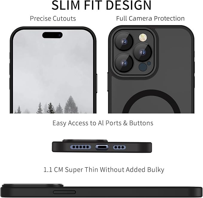 Image of Elzzi Magnetic Magsafe Designed for iPhone 16 Pro Max Case Translucent Matte Hard PC + TPU Back Cover [Compatible with MagSafe] Shockproof Phone Case, Full Black