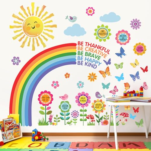 decalmile Rainbow Flower Sun Wall Stickers Reading Corner Inspirational Quotes Wall Decals Kids Playroom School Library Classroom Wall Decor
