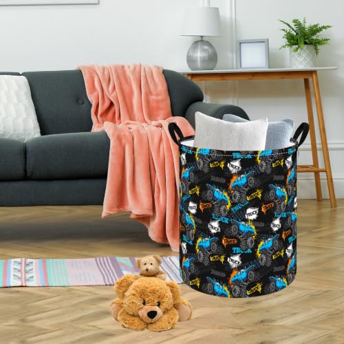 Image of Boys Storage Basket Kids Hamper, 15.7 inchD x19.7 inchH, Monster Truck Print Waterproof Lining, Leather Handles, Collapsible for Boys Toys, Laundry, Kids Gift