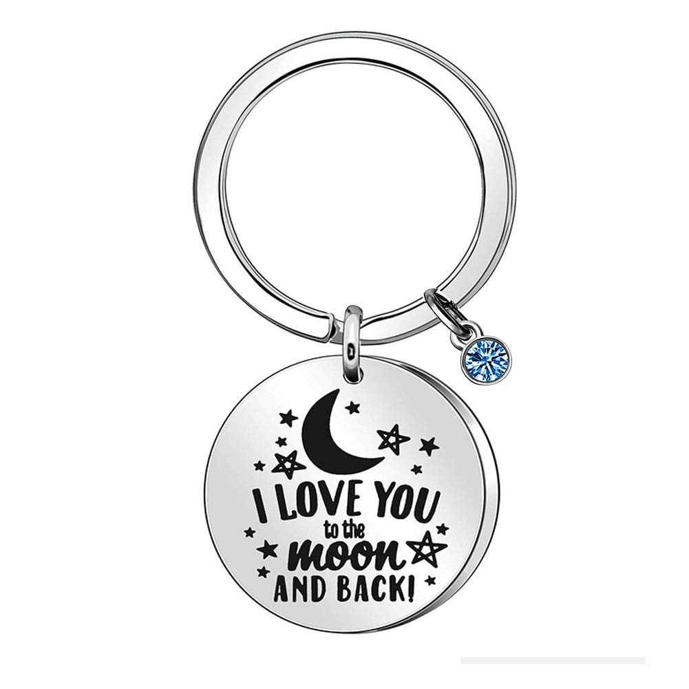 SuithinkI Love You to The Moon and Back Keychain Stainless Steel 30mm Keyring Accessories Sky Blue Water Drill for Lovers Birthday Anniversary Mother's Day Gifts