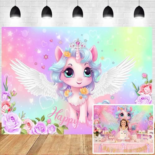 Toile fond anniversaire licorne 5x3 pi, Arc-en-ciel ailes fleurs