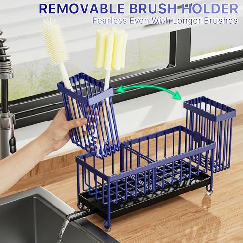 Image of Cisily Sponge Holder for Kitchen Sink, Sink Caddy Organizer with High Brush Holder, Kitchen Countertop Organizers and Storage Essentials, Rustproof 304 Stainless Steel (Navy Blue, 9.25″)