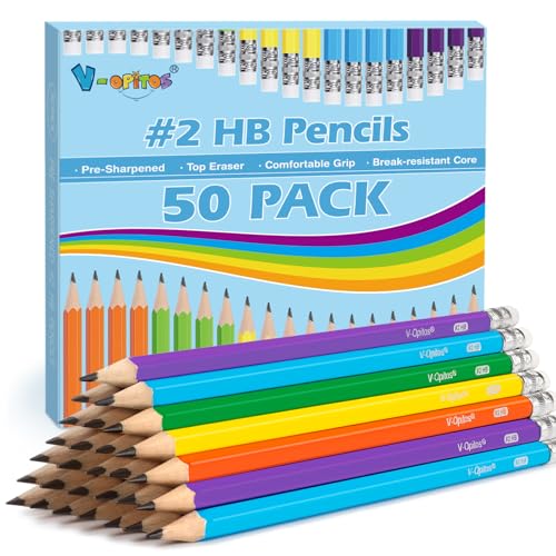V-Opitos #2 Pre-Sharpened Wood-Cased Pencils, 50 Pack with Top Erasers, Bulk 2HB Pencils in Assorted Colors for School, Writing, Drawing and Sketching