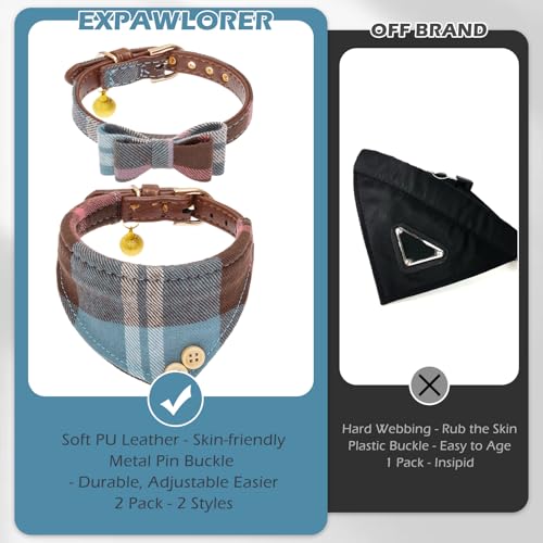Image of EXPAWLORER Dog Collar Bandana Set - Classic Plaid Dog Bow Tie and Bandana Collar with PU Leather, Adjustable Collars for Small Medium Large Dogs Cats, Holiday Ideal Gift, Blue S