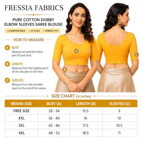 Image of Fressia Fabrics Pure Cotton 4-Way Stretch Readymade Blouse for Women | Free Size to 4XL Stretchable Round Neck Dobby Cotton Half Sleeve Readymade Saree Blouse for Women Stylish