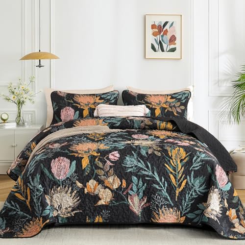 Dintszyayue King Size Quilts Black, 3 Pieces Boho Floral Bedspread Bedding for King Size Bed, Soft Lightweight Microfiber Coverlet Set for All Season Quilt with 2 Pillowcases