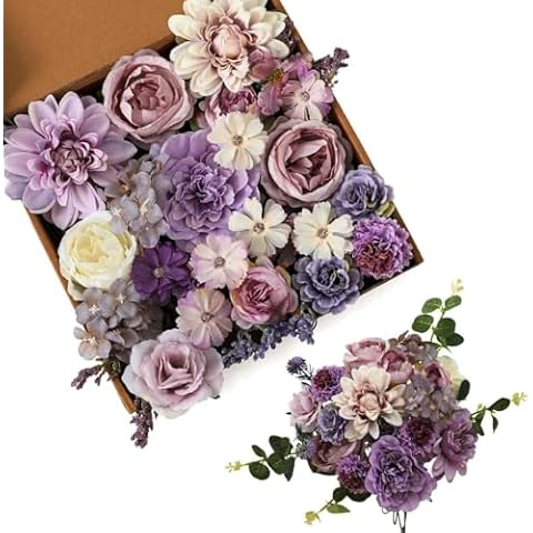 Kisflower Purple Artificial Flowers Combo Cake Flowers Decorations Fake Peony Silk Roses Gift Box for DIY Wedding Bridal Bouquet Centerpieces Arrangements Party Baby Shower Holiday Decor (Purple) Cover