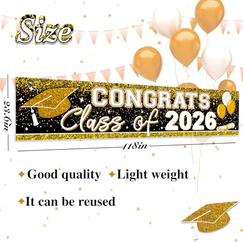 Image of Large Congrats Grad Banner Gold Class of 2026 Banner Backdrop Graduation 2026 Yard Sign for Graduation Party Supplies Graduation Decorations 2026 (Gold)