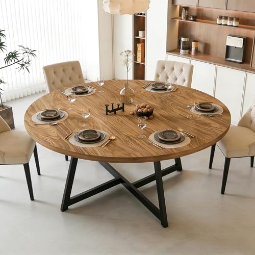 Image of Large Round Dining Table for 6-8, Wooden Dinner Table with Heavy Duty Metal Pedestal Base, for Kitchen Living Room, Space Saving, 59 Inch, Brown