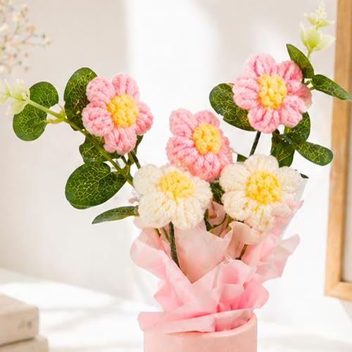 Image of Art Street Handmade Crochet Flower Bouquet with Decorative Paper Pot | Artificial Knitted Flowers with Green Leaves & Ribbon for Home Decor, Birthday, Anniversary (Pink & White)
