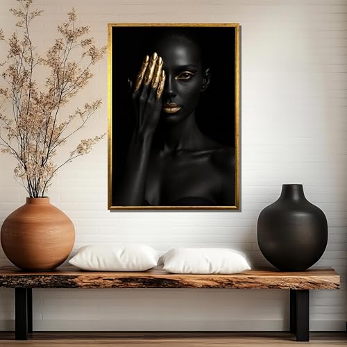 Tableau sur toile femme noire maquillage doré art mural africain salon portrait minimaliste de luxe - 4