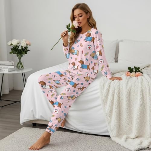 Image of Women's 2 Piece Printed Pajama Set Long Sleeve Sleepwear Set with Long Pants Casual Lounge Sets with Pocket