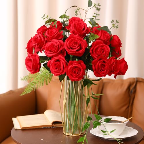 JUSTOYOU 20 PCS Red Rose Artificial Flower,Silk Blooming Rose with Stem,Artificial Rose Bouquet Realistic Flower for Home Table Office Party Wedding Garden Arrangements(Blossom Roses red) - Image 3