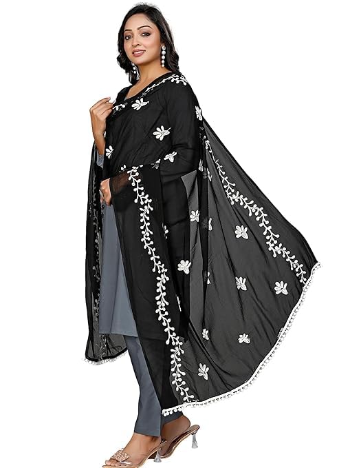 Women's Chiffon Phulkari Floral Dupatta with Lace Border – Soft & Lightweight