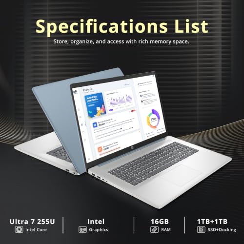 Image of HP 17.3 inch HD+ Touchscreen Laptop, Intel Core Ultra 7 255U, 16GB RAM, 2TB Storage (1TB SSD+1TB Docking Station), Intel Graphics, Backlit Keyboard, Webcam, Wi-Fi 6, Win 11 Pro, Moonlight Blue
