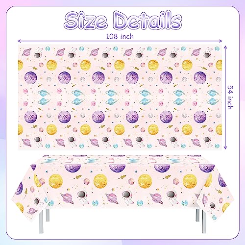 Image of Pink Watercolor Table Cover - 3 Pack 54 X 108 Inch Pink Watercolor Outer Space Disposable Plastic Rectangle Print Table Cloth Baby Shower Kids Birthday Party Tablecloths Decoration Supplies