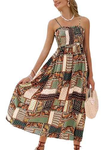 Image of CUPSHE Women Spaghetti Straps Boho Maxi Dress Summer Sleeveless Smocked Floral Beach Long Dress Flowy Cruise Vacation Outfits