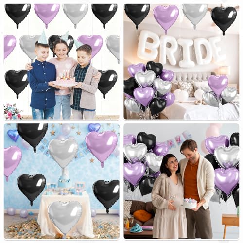 Image of Purple and Black Heart Balloons, 10 Pcs Light Purple Silver Heart Shape Foil Balloon 18 Inch Birthday Balloons for Girls Princess Theme Birthday Wedding Valentines Baby Shower Party Decoration