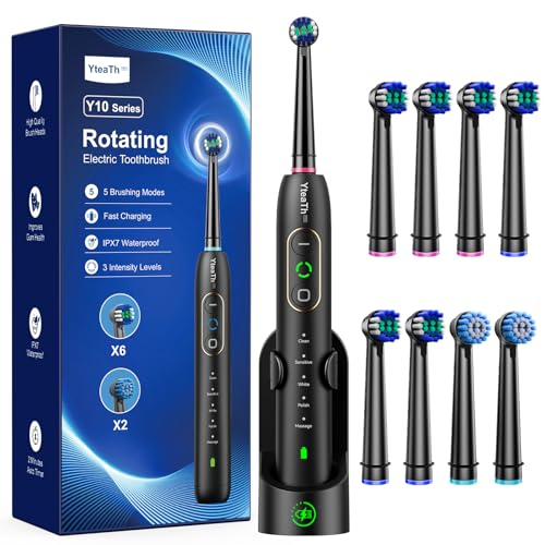 Brosse À Dent Électrique Rotatives pour Adultes et Enfants, 8 Têtes, 3 Intensités, 5 Modes, Brosses À Dents Rotatives avec Minuteur Intelligent de 2...