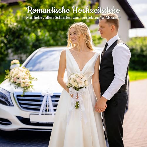 Roplua 50 Stück Übergroße Autoschleifen Hochzeit Schleifen Hochzeit Deko Vintage Antennenschleifen, Weiß Mit Herzen Schleifen Hochzeit Auto Handgemacht Satinband für Hochzeits, (ca. 33 × 16 cm)