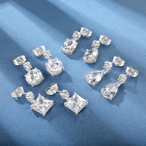 MDFUN 4 Pairs Teardrop Dangle Earrings Set for Women, 18K Gold Plated Round Princess Cut Clear Cubic Zirconia Tear Drop Dangle Earrings Hypoallergenic Jewelry2