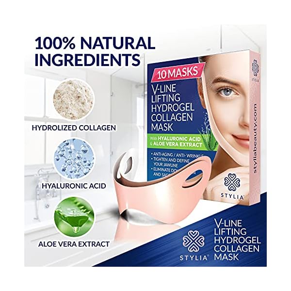 10-Piece-V-Line-Shaping-Face-Masks--Lifting-Hydrogel-Collagen-Mask-with-Aloe-Vera--Anti-Aging-and-Anti-Wrinkle-Band-Double-Chin-Reducer-Strap-Contouring-Slimming-and-Firming-Face-Lift-Sheet Stylia V-Line Lifting Collagen Face Mask with Hyaluronic Acid & Aloe Vera - Spa Quality Double Chin Strap - Collagen Mask for Women - Jawline Shaper Face Lift Tape - Chin Strap for Sleeping - 10PC