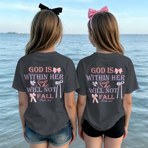 Image of Girls Christian Tees God is Within Her Jesus Shirt for Kids Faith Cute Graphic Bow Tshirt Inspirational Religious Top