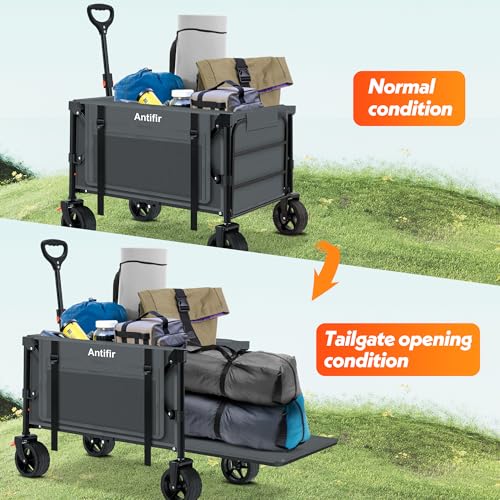 Image of Collapsible Wagon with Tailgate,Foldable Cart with Wheels,330LBS Resting Large Capacity,2 Drink Holders & Side Pockets,Long Extender,for Groceries,Shopping,Camping,Beach,Garden,Grey