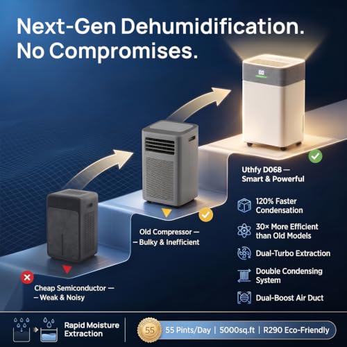 Image of Uthfy 5000Sq.Ft Dehumidifier for Basement with Drain Hose,Large Quiet Smart Compressor Dehumidifiers for Home /Bedroom /Bathroom,Reusable Filter,Dual-Screen,Child Lock,Intelligent Humidistat,24H Timer