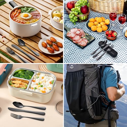 Camping Besteck, 4 Stück Edelstahl Reisebesteck mit Etui, Verstärktes Gehäuse mit Schnallen-Design, Campingbesteck für Outdoor, Reise, Arbeit, Schule, Spülmaschinenfest, Schwarz