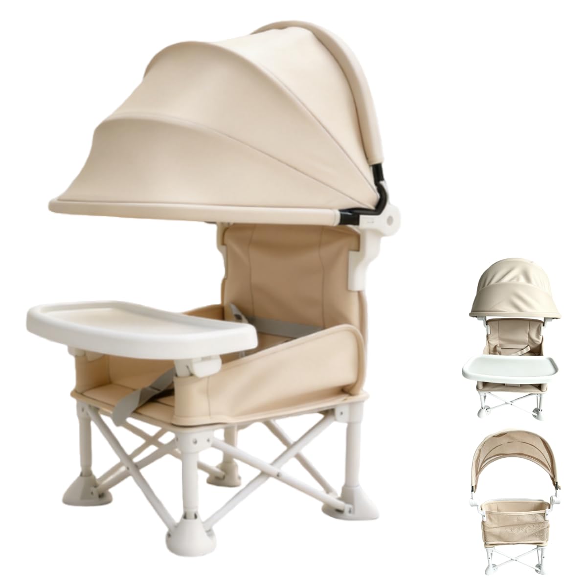 Siège de voyage pliable pour bébé avec position assise surélevée, chaise d'alimentation pour enfants, tout-petits et nourrissons avec plateau amovible et parasol amovible (crème)