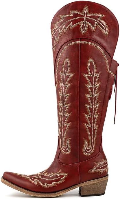 Atuelang Cowboy Boots for Women Knee High Cowgirl Boots Wide Calf Western Embroidered Lace Up Fashion Boot