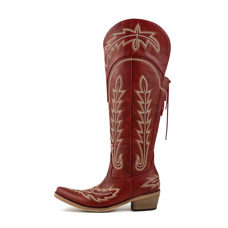 Atuelang Cowboy Boots for Women Knee High Cowgirl Boots Wide Calf Western Embroidered Lace Up Fashion Boot