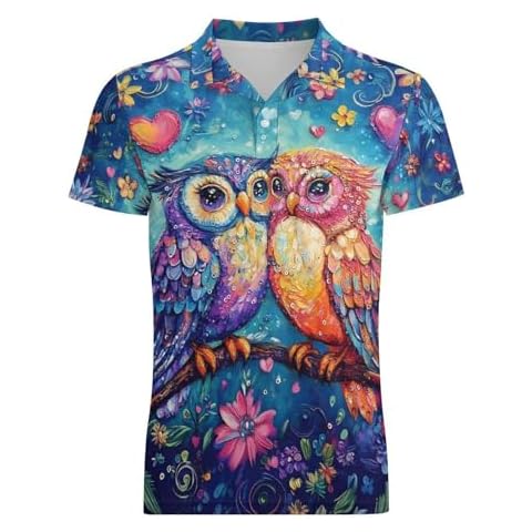 AviviRuth Men's Golf Polo Shirt Short Sleeve Dry Fit Novelty 3D Print Button Athletic Golf Polos Shirts,Heart Owl,5XL Cover