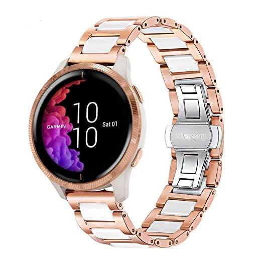 TRUMiRR Kompatibel med Garmin Venu/Garmin Vivoactive 3 klockrem, roséguld rostfritt stål klockarmband vit keramisk rem för Garmin Vivoactive 3/3 musik/Venu/Forerunner 245/645 Music