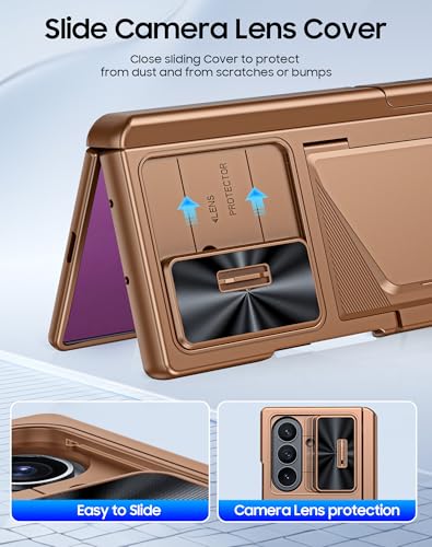 Image of for Samsung Galaxy Z Fold 7 Case with Card Holder RFID Blocking, Built in Slide Lens Cover & Hinge Protection & Kickstand & Screen Protector, Shockproof Wallet Case for Z Fold 7 (Desert Gold)