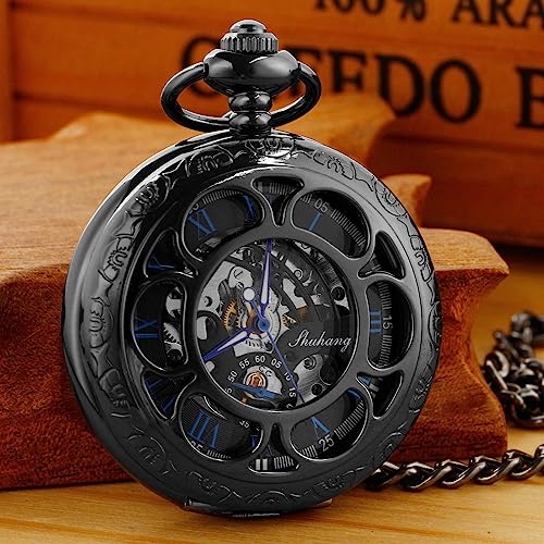 Image of Black and Silver Roman Numeral Dial Mens Mechanical Moon Phase Design, Moon Sun Pattern Skeleton Mechanical Pocket Watches for Men with Case and Chain - Black