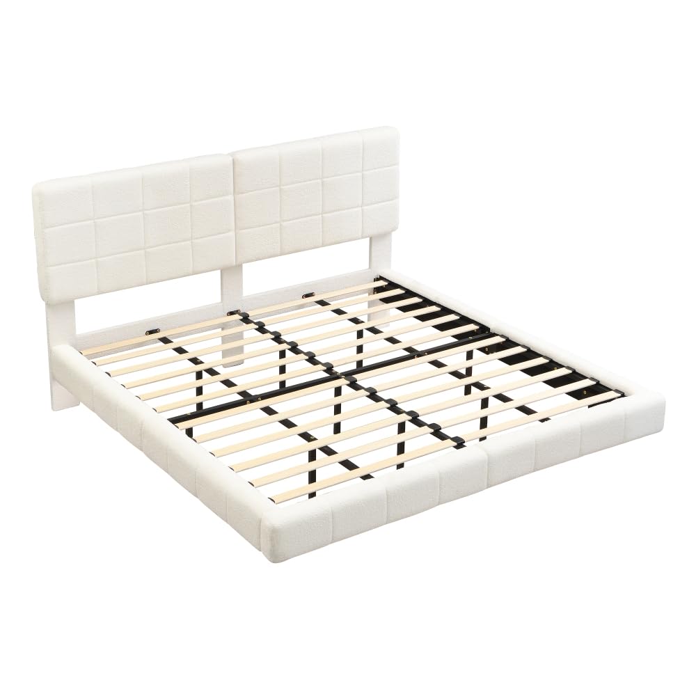 Saiveina White Boucle Floating Bed with Light,King