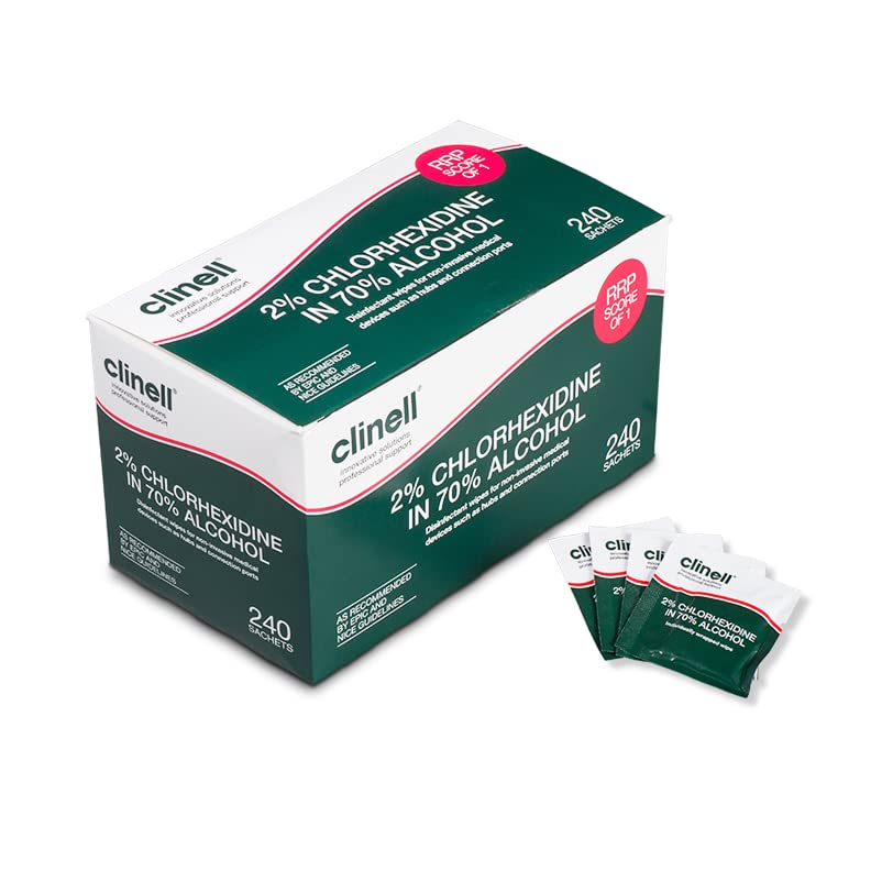 Clinell 2% Chlorhexidine in 70% Alcohol Wipes, 240 Individually Wrapped Sachets in 1 Box, Made in The UK - CA2C240