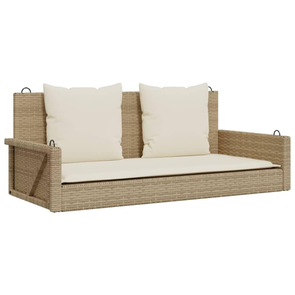 vidaXL Banco colgante con cojín, columpio colgante con anillos de fijación, banco balancín para exterior, columpio de jardín, moderno, beige polirratán