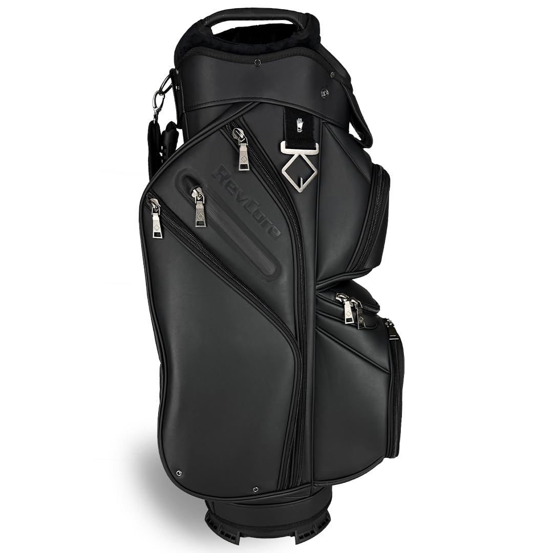 REVCORE Luxury Golf Cart Bag, Premium Synthetic Leather, 14 Way Dividers, Black Alloy Hardware, 9 Pockets w/2 Insulated Cooler Pockets, 2 Felt-Lined Valuable & Oversized Putter Well & Rain Hood