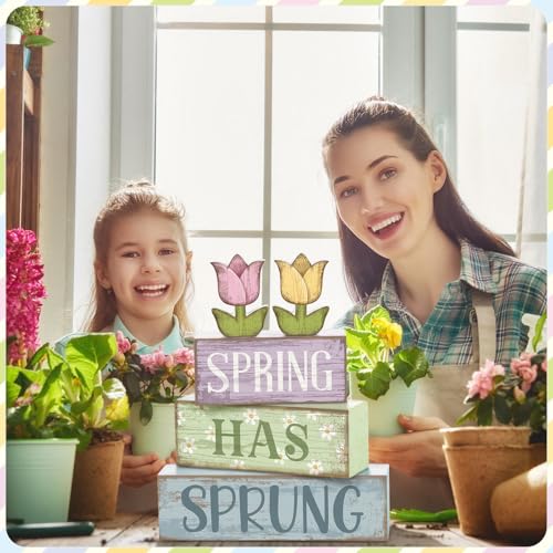Image of Moucuny 4 Pcs Spring Table Decorations Wooden Stacked Block Sign with Tulip Decor - inchspring Has Sprung inch Centerpiece Rustic Easter Tiered Tray Decorations Flower Signs for Home Kitchen Tabletop Mantel